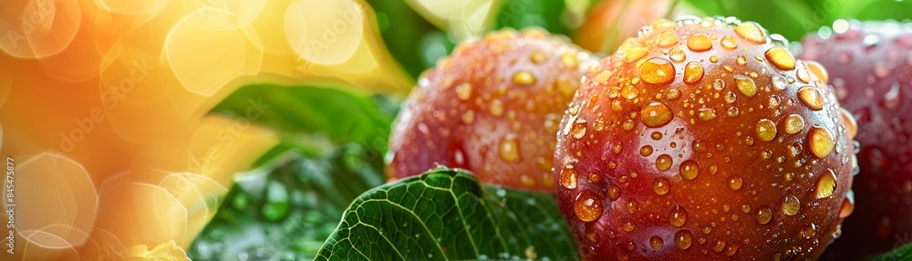 Fresh passion fruits with water droplets, vibrant colors, green leaves, soft orange background, closeup, Hyperrealism, Nature 8K , high-resolution, ultra HD,up32K HD Fresh passion fruits with water droplets, vibrant colors, green leaves, soft orange background, closeup, Hyperrealism, Nature 8K , high-resolution, ultra HD,up32K HD