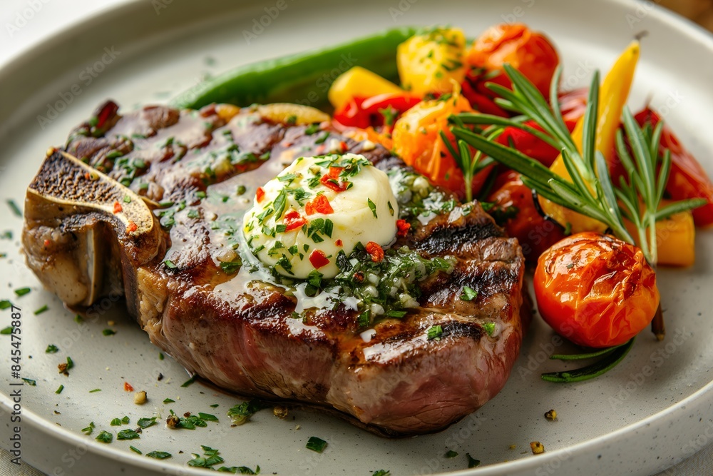 Close-Up Of A Beautifully Plated Gourmet Steak With Herb Butter And Roasted Vegetables In Food Restaurant Interior, Steak Food Photography, Food Menu Style Photo Image Close-Up Of A Beautifully Plated Gourmet Steak With Herb Butter And Roasted Vegetables In Food Restaurant Interior, Steak Food Photography, Food Menu Style Photo Image