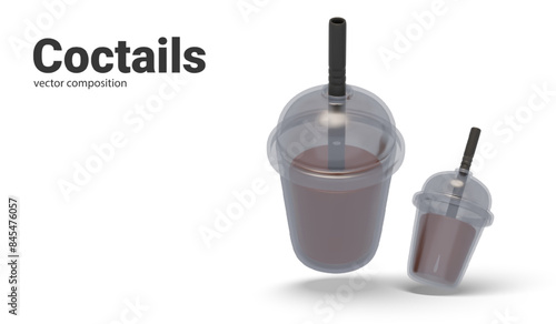 Vector templates for advertising cocktails. Modern plastic cups with round lids, straws, drinks