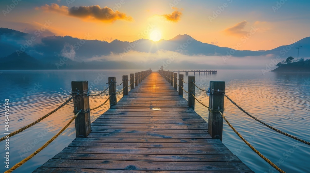 Obraz premium dock at the pier surround scenic view of mountain in the mist and sunrise at Sun moon lake