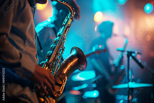 jazz band performing on stage at the club. AI generative.