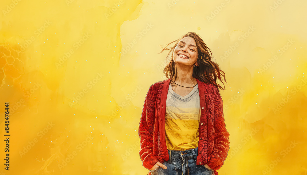 A woman in a red jacket is walking on a yellow background A woman in a red jacket is walking on a yellow background