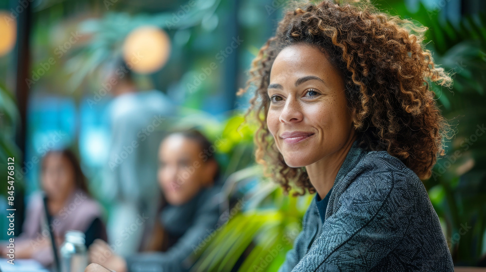 Confident female leader smiling during a business meeting with a diverse team Confident female leader smiling during a business meeting with a diverse team