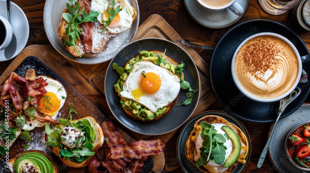 High-angle view of an Australian breakfast spread with avocado toast, poached eggs, bacon, and flat white coffee High-angle view of an Australian breakfast spread with avocado toast, poached eggs, bacon, and flat white coffee