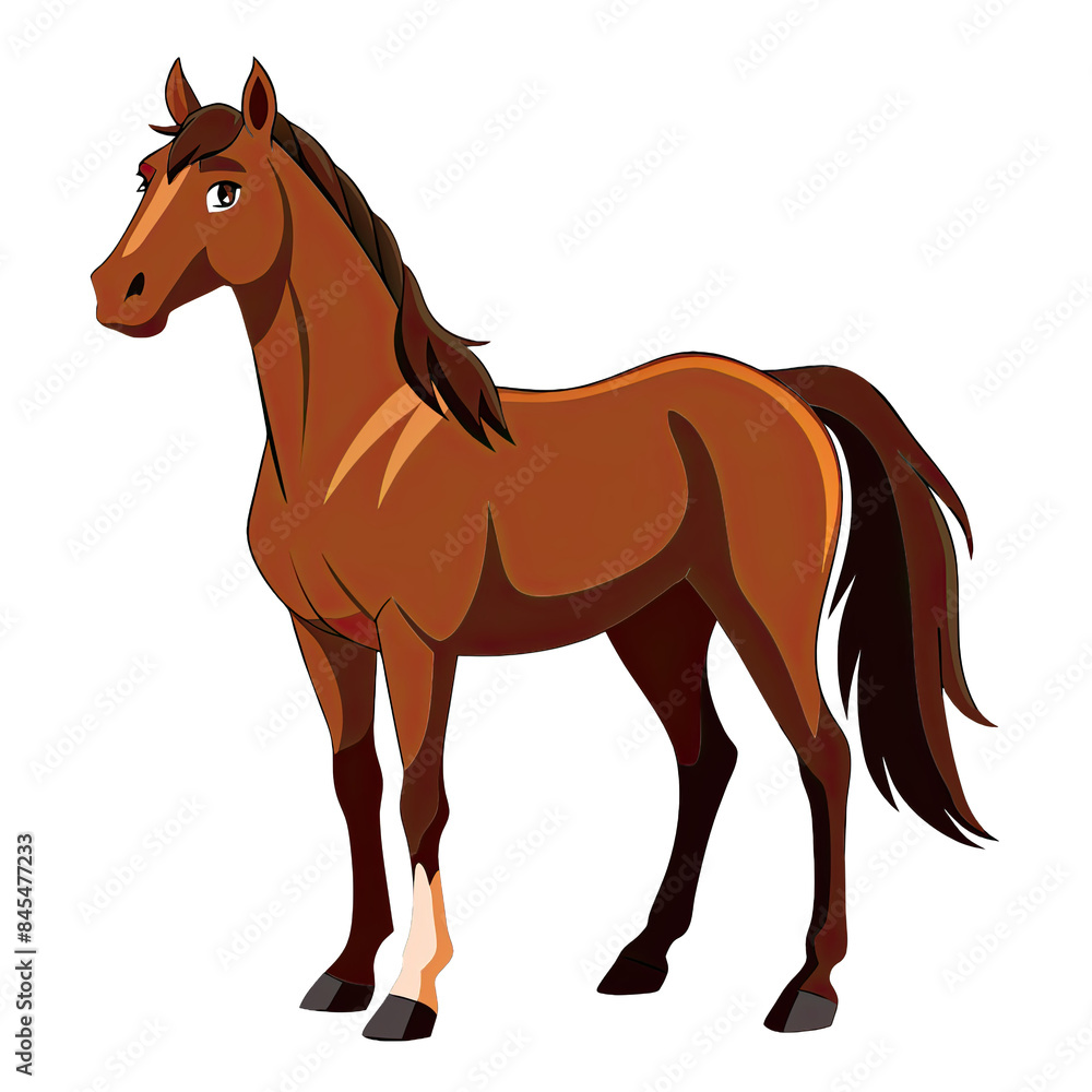 Obraz premium A brown horse stands with its head turned slightly to the left, its mane and tail flowing down its back. It is isolated on a white background. Generative AI