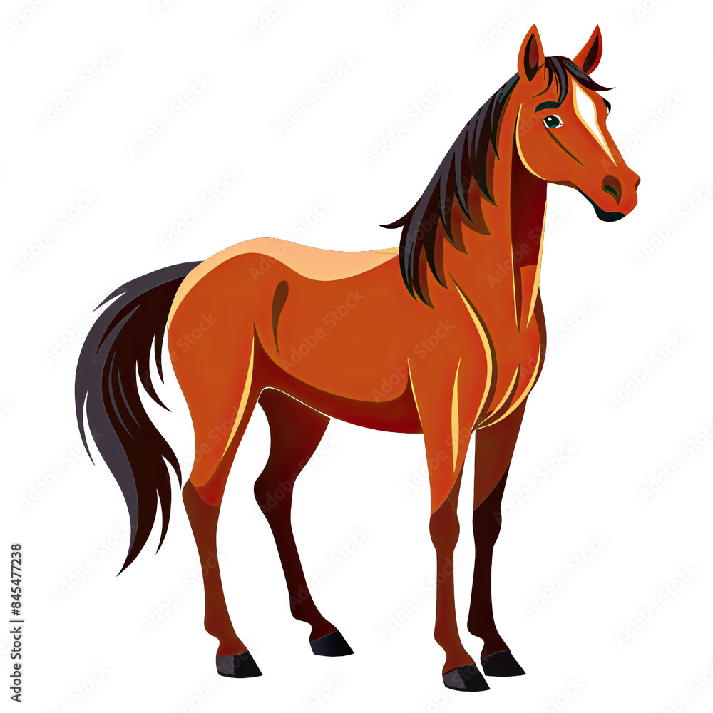 A brown horse with a black mane and tail stands on a white background. The horse is looking to the right. Generative AI A brown horse with a black mane and tail stands on a white background. The horse is looking to the right. Generative AI