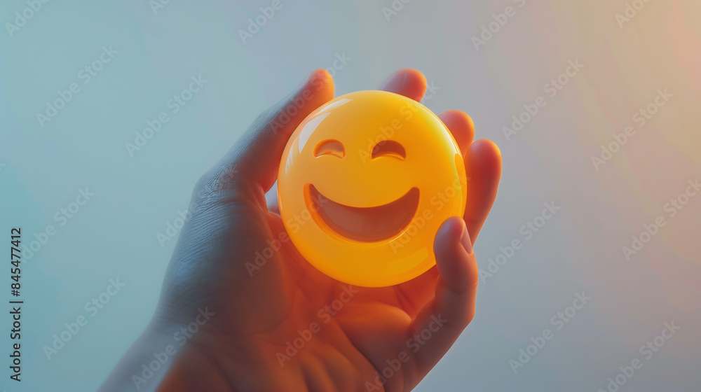Good feedback rating and a favorable customer review, hand holding with a happy smiley face emoji.