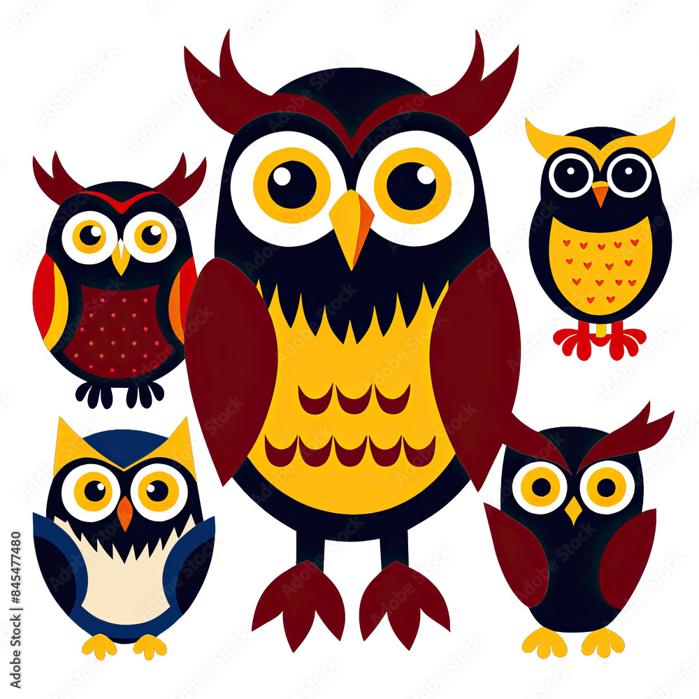 A collection of five cartoon owls with colorful feathers, isolated on a white background. Generative AI A collection of five cartoon owls with colorful feathers, isolated on a white background. Generative AI