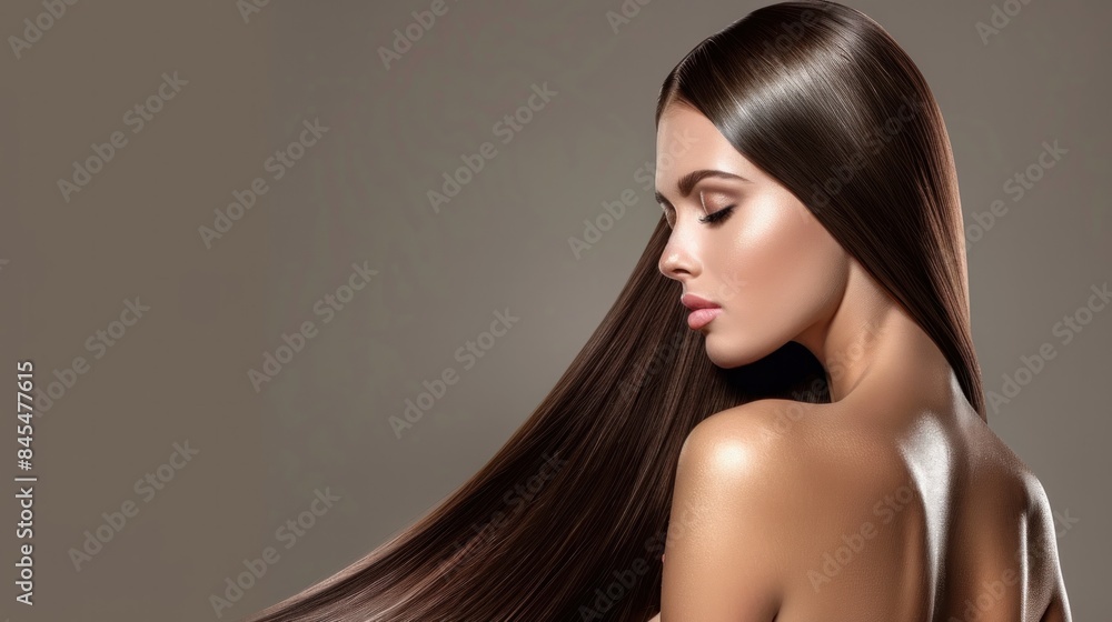 Fashion woman with long straight shiny hair beauty and hair care gray background Fashion woman with long straight shiny hair beauty and hair care gray background