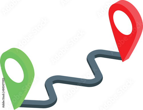Winding road connecting two distant points marked by location pins, symbolizing a journey or travel itinerary
