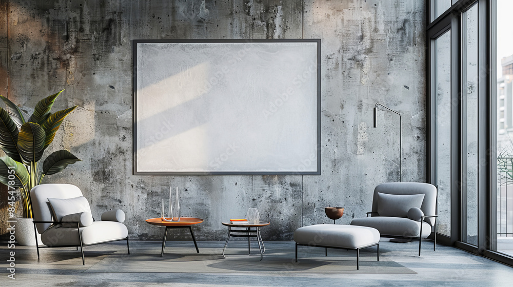 Empty poster frame in a modern office interior with stylish furniture and decor Empty poster frame in a modern office interior with stylish furniture and decor