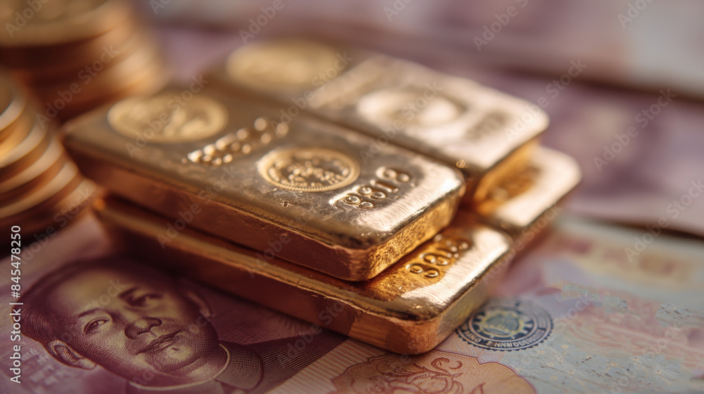 Gold bars placed on Chinese bank note banknotes, financial and investment concept Gold bars placed on Chinese bank note banknotes, financial and investment concept