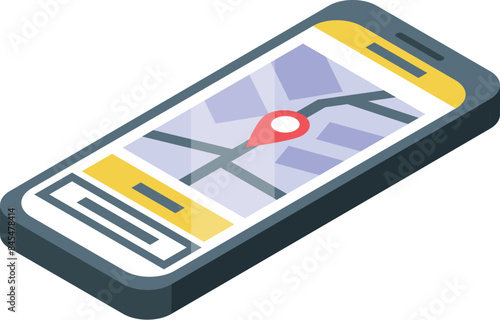 Isometric smartphone displaying map application with marked route and active geolocation