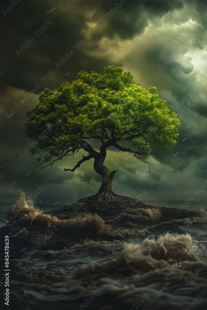 A tree standing firm in the center of a storm, unmoved by the surrounding chaos, representing calmness and stability amidst turbulence.