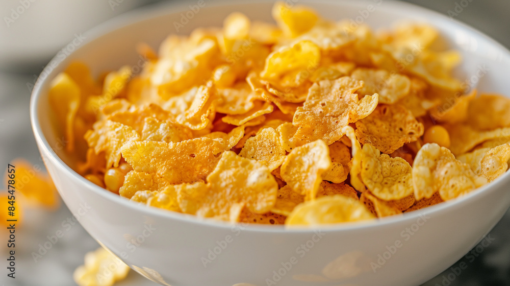 Closeup of Bowl of Cornflakes in White Bowl Closeup of Bowl of Cornflakes in White Bowl