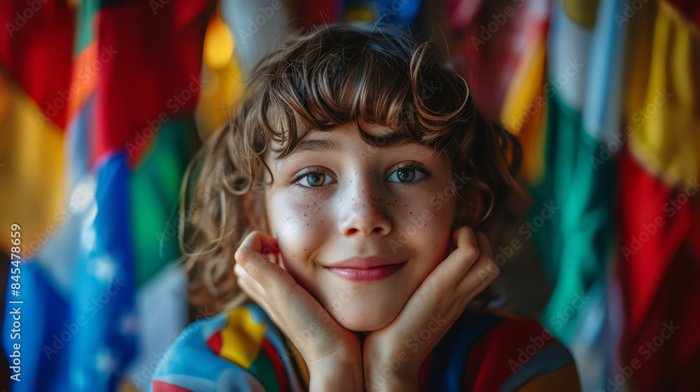 A young girl smiles brightly as she poses for a photo during an event celebrating European Day of Languages A young girl smiles brightly as she poses for a photo during an event celebrating European Day of Languages