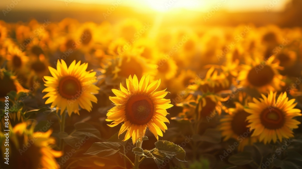 High-angle view of sunflower fields basking in the golden light of sunset, creating a stunning natural vista High-angle view of sunflower fields basking in the golden light of sunset, creating a stunning natural vista