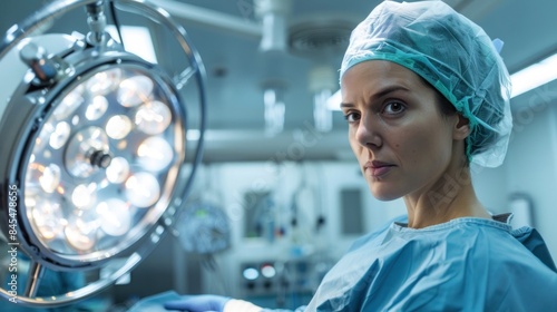 Female engineer preparing specialist operating theatre light in clean room in factory