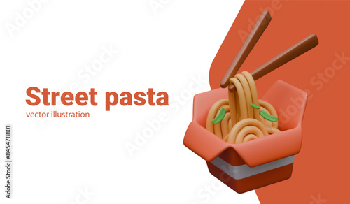 Advertising concept of street pasta. Asian takeout. Paper box with noodles, chopsticks, greens
