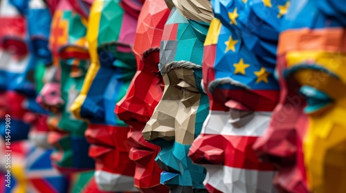 A row of faces painted in the colors of various national flags, celebrating the European Day of Languages