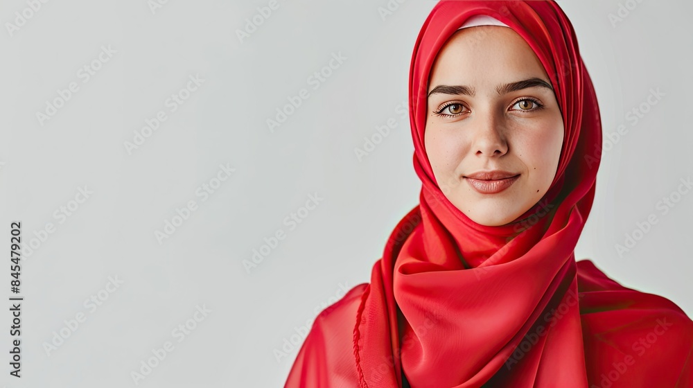 Portrait of Muslim woman in hijab on white background space for text. Banner design Portrait of Muslim woman in hijab on white background space for text. Banner design