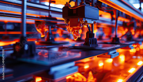 Close-up macro shot, isolated with bokeh, inside of 3D printer actively printing components and parts at an additive manufacturing plant. Production line and engineering, orange lighting