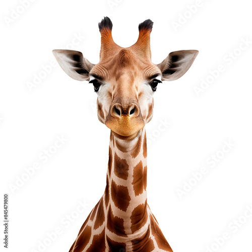 A giraffe with its head turned to the side and its mouth open photo