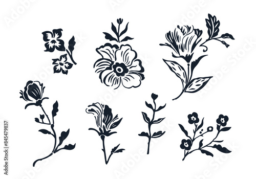 Set of hand drawn flowers and plants, vector for stamp printing