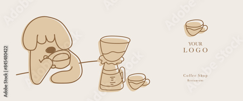Web banner vector, coffee shop menu design. Restaurant menu design. Hand-drawn dog with cup of coffee vector illustration.