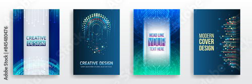 Modern technology design for posters. Futuristic background for flyer, brochure. Scientific cover template for presentation, banner. Page layout set for sci-fi. Set of high-tech covers for marketing.