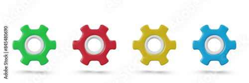 Collection of 3D gears of different colors. Isolated items for customization options