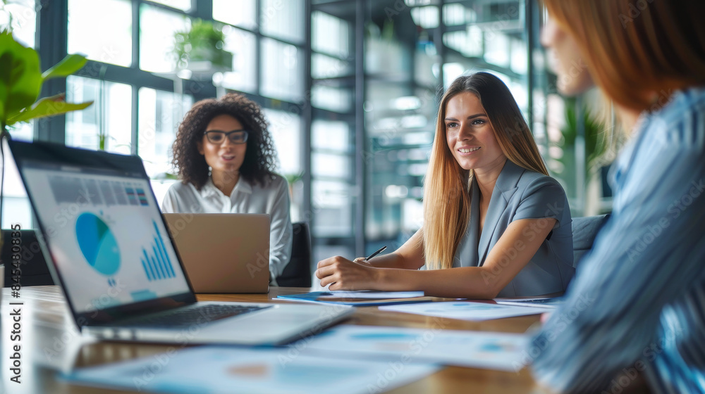 Businesswomen discussing at a meeting table in a modern office with a laptop Businesswomen discussing at a meeting table in a modern office with a laptop