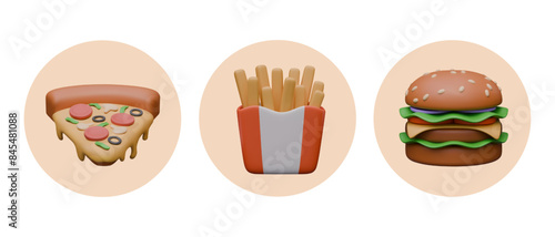 Round icons for fast food menu design. Creative templates for ordering of pizza, fries, burger