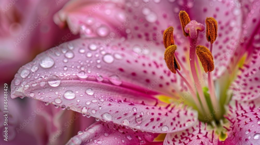 Macro shot of raindrops beading on the intricate veins of a lily's petals, creating a mesmerizing pattern Macro shot of raindrops beading on the intricate veins of a lily's petals, creating a mesmerizing pattern