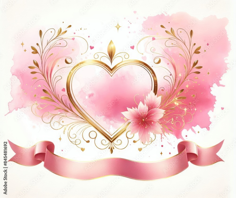 Elegant heart-shaped frame with gold accents on pink watercolor background with a beautiful flower Elegant heart-shaped frame with gold accents on pink watercolor background with a beautiful flower