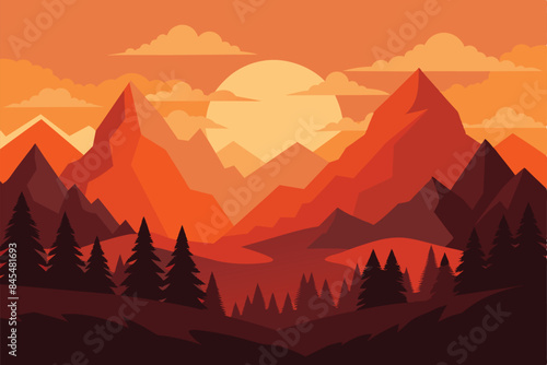 Beautiful vector landscape of mountains and forests at sunset. Amazing sunset over the mountains. Warm rays of the sun illustration