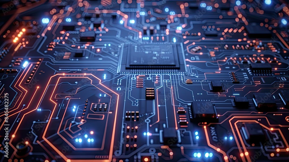 Obraz premium Circuit board blueprint on dark backdrop