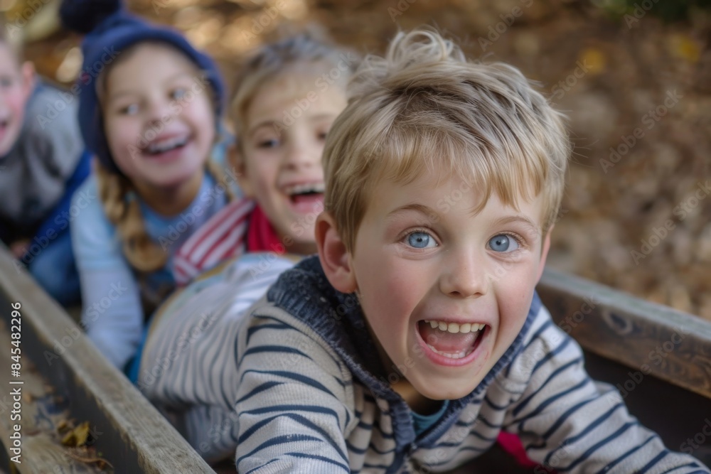 Portrait of happy kids having fun on the playground in autumn park