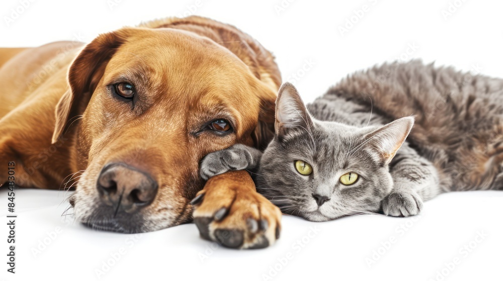 close up of dog and cat on white background close up of dog and cat on white background