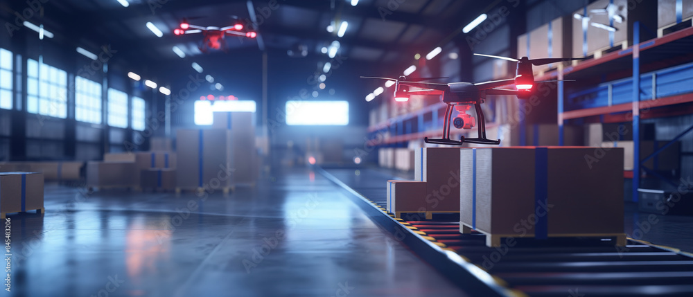 Fototapeta premium Industrial warehouse with drones, conveyor belts and stacked boxes, automation and logistics.