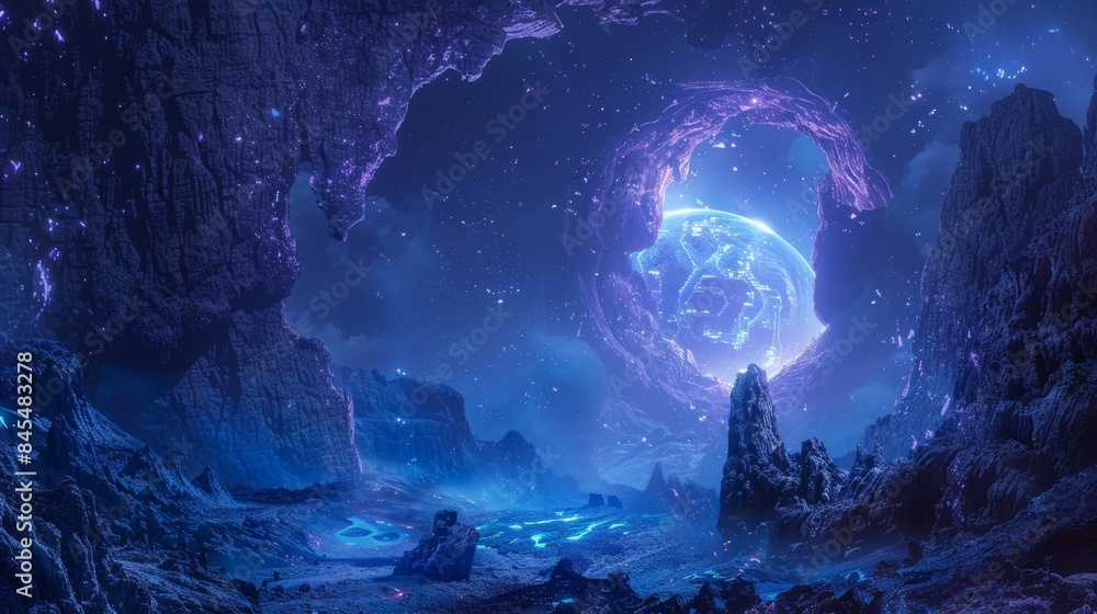 Obraz premium Neon Dreams, Surreal Technology Landscape with Futuristic Elements and Vibrant Blue Lighting