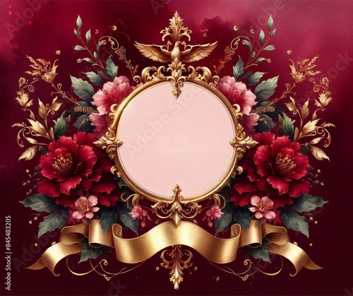 Ornate floral frame with gold accents and deep red flowers on a rich burgundy background.