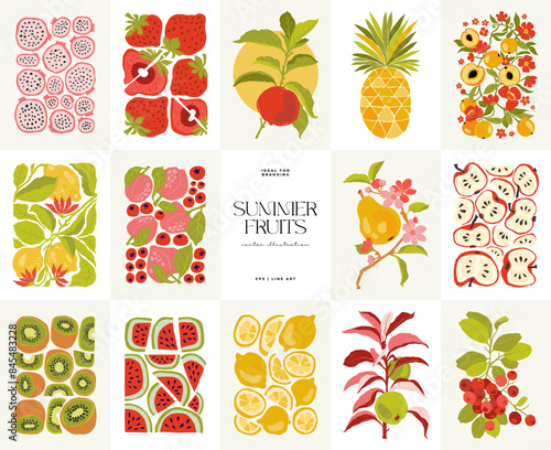 Fruits abstract elements. Food and healsy composition. Modern trendy Matisse minimal style. Fruits poster, invite. Vector arrangements for greeting card or invitation design