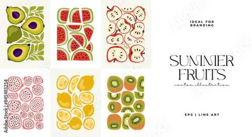 Fruits abstract elements. Food and healsy composition. Modern trendy Matisse minimal style. Fruits poster, invite. Vector arrangements for greeting card or invitation design