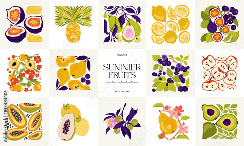 Fruits abstract elements. Food and healsy composition. Modern trendy Matisse minimal style. Fruits poster, invite. Vector arrangements for greeting card or invitation design