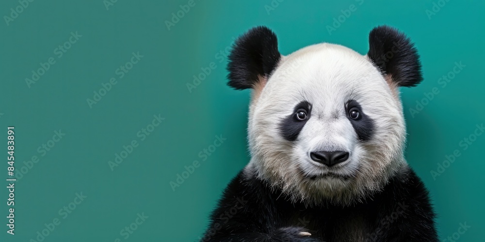 panda bear face isolated on green background with copy space. panda bear face isolated on green background with copy space.