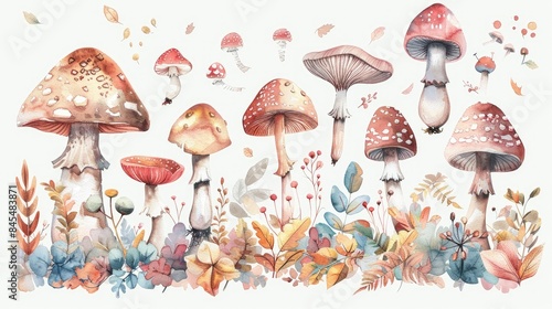 Different types of mushrooms, botanical watercolor illustration on white background