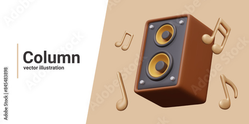 Music speaker, notes on colored background. Advertising of acoustic equipment