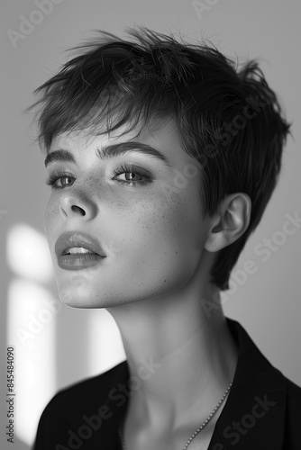 Wallpaper Mural Natural beauty concept. Close up black and white profile portrait of irresistible young woman with short hair wearing classic jacket. Magazine cover, poster style. Studio shot Torontodigital.ca
