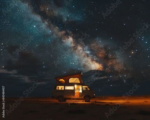Starry Night Sky over Remote Desert Camping Scene in Nomadic Van Life
